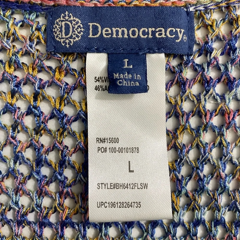 Democracy Colorful Open Knit Sweater Size L Crochet Boho Summer Vibes‎ Festival